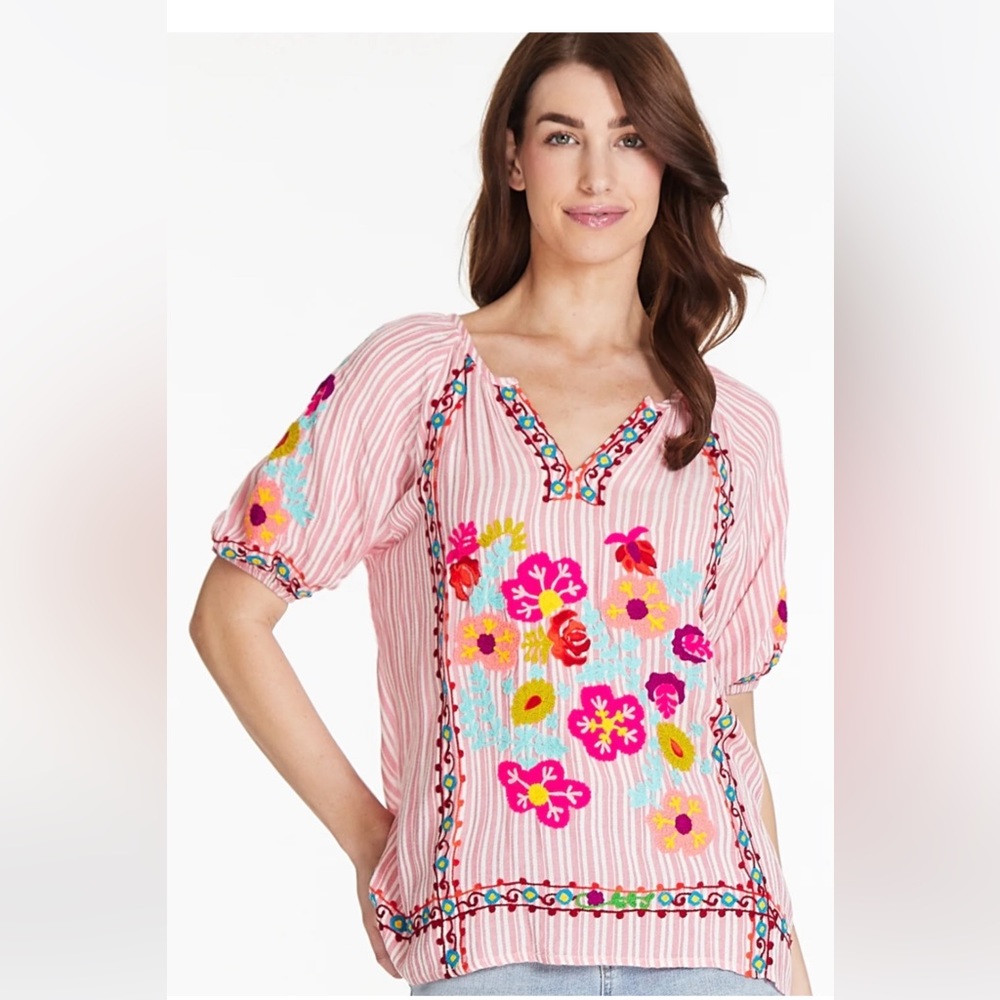 Tru Luxe embroidered peasant top -pink